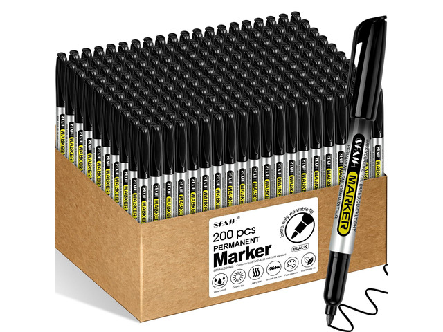 Black Permanent Markers Bulk, 200 Pack Fine Point, Waterproof Smooth 1s Quick Drying, Long-Lasting, Ideal for Office, School, Warehouse, Business,...