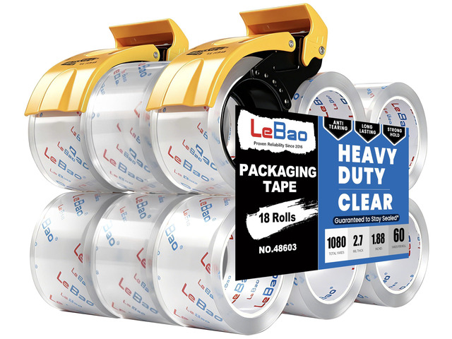 Heavy Duty Packing Tape with Dispenser, Strong HD Clear Packaging Tape, 18 Rolls 1.88 in. x 60 yd. x 2.7MiL, Secure Sealing for Cardboard Moving...