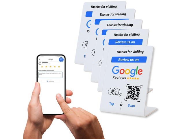 NFC Tap Google Review Stand, White, Compact 4.3'x2.7', 5-STANDS Boost Customer Feedback, Tap & Scan QR, No App, No Subscription, Works on iPhone &...
