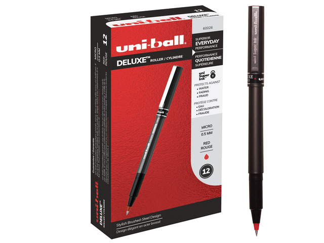 Uniball Deluxe, Red Rollerball Pens - 0.5mm Micro Point, Pack of 12