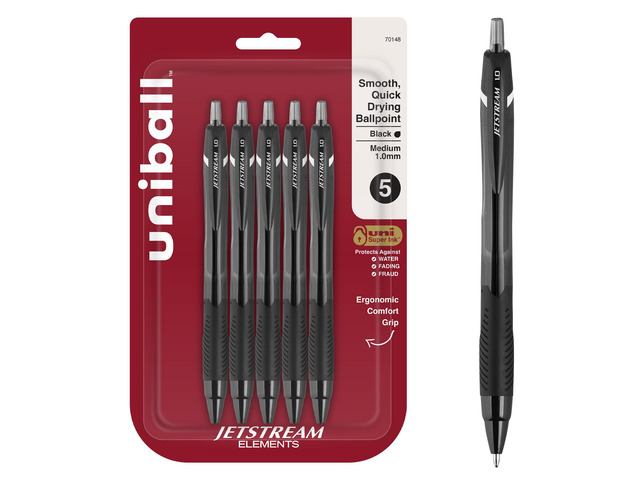 uniball Jetstream Elements Ballpoint Pens, 1.0mm, Black Ink, 5 Pack Gel-smooth quick-drying hybrid ink, smudge-resistant for left-handed writers,...