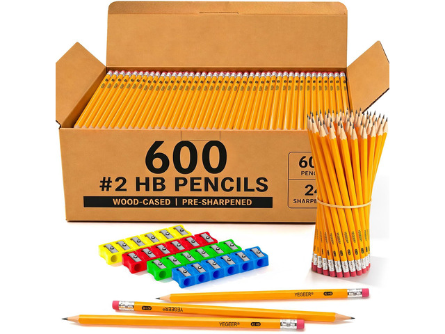 600 Pack #2 HB Pre-Sharpened Wood-Cased Graphite Pencils Bulk Pack with 24 Pencil Sharpeners and Top Erasers, for Writing, Drawing and Sketching,...