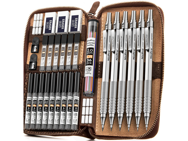 30PCS Silver Metal Mechanical Pencils Set in Leather Case Art Drafting Pencil 0.5-0.9 mm, 2mm Lead Pencil Holders for Sketching Drawing, 16 Tube...