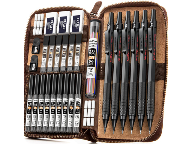30PCS Black Metal Mechanical Pencil Set in Leather Case Art Drafting Pencil 0.5-0.9 mm, 2mm Lead Pencil Holders for Sketching Drawing, 16 Tube (6B...