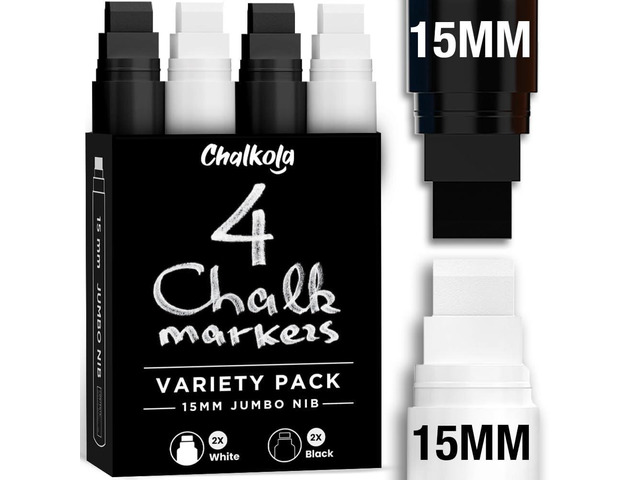 15mm Jumbo Car Window Markers for Glass Washable 2 White 2 Black 4, 15mm Thick Chalk Pens Safe Erasable Liquid Chalk Markers for Blackboard,...