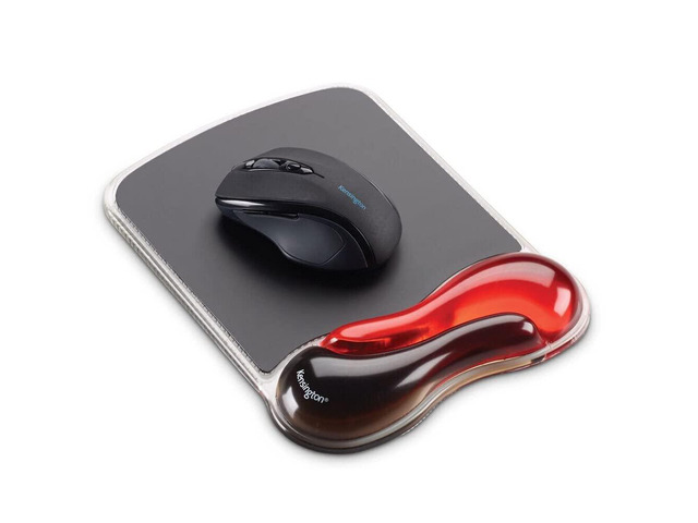 Duo Gel Mouse Pad with Wrist Rest - Red (K62402AM) Ergonomic gel cushioning, non-skid backing, supports wrist during extended mouse use