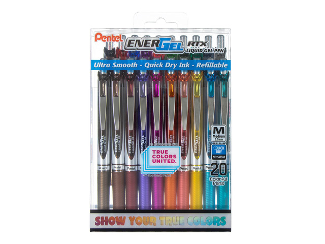 EnerGel RTX True Colors United 0.7mm Medium Line, 20 Assorted ink Colors, Pack of 20 pens BL77PC20MTCU