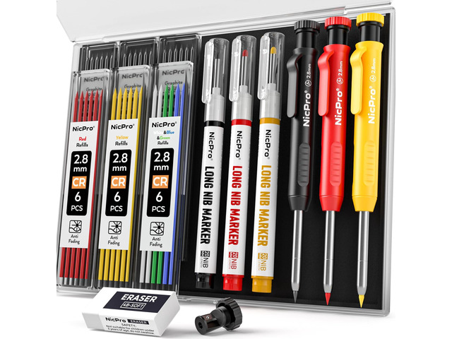 3 Pack CP1000 Carpenter Pencils with Sharpener Mechanical Carpenter Pencil+39 Refills, Long Head Nib Marker Pens for Construction, Heavy Duty...