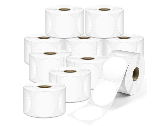 L LIKED 2' Round Direct Thermal Labels 7500 Strong Adhesive Labels 10 Rolls, 750 Labels/Roll, BPA Free, Block Old Information, Perforated,...