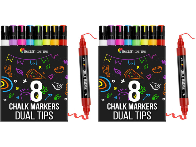 Liquid Chalk Markers - Dual Tips, 8 Vibrant Colors, Non-Toxic, Quick-Drying, Erasable for Blackboard, Windows, Glass, Cars - 24 Labels Included...
