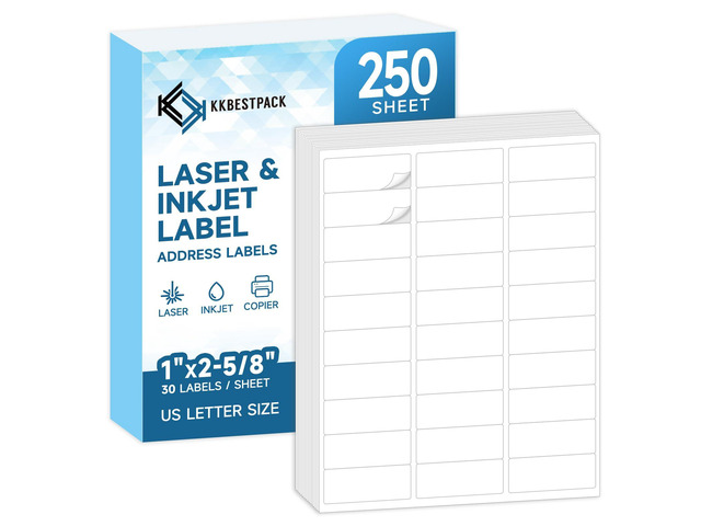 Address Labels for Printer 7500 Labels - 1' x 2-5/8', Mailing, Storage & Pantry Organization, Laser/Inkjet Compatible, 30 Per Page, 250 Sheets