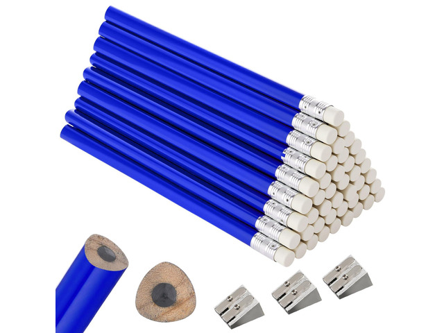 48 Pcs Large Pencils 3 Sharpeners,Blue+silver,Triangle Jumbo Thick Grip, Preschoolers Kindergarten Beginners, My First Pencil Set, Easy Hold Kids...
