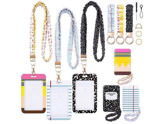 3 Packs Teacher Scrunchie Lanyard with ID Holder Keychain Set Back to School Scrunchie Lanyard, Breakaway Teacher Lanyards, Wristlet Keychain Key...