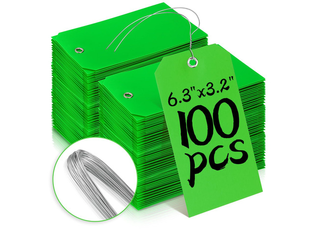 100 Pcs Tags with Wire Shipping Tags with String Write On Stacking Service for Equipment Inventory Storage Parts Valve Car (Green, 6 1/4' x 3 1/8')