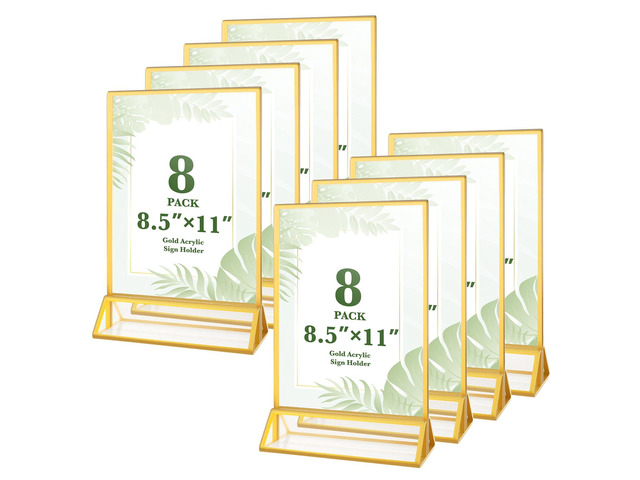 8 Pack 8.5×11 Gold Acrylic Sign Holders, Menu Flyer Holder Double Sided Vertical Stand Clear Picture Frame Stands for Wedding Table Numbers,...