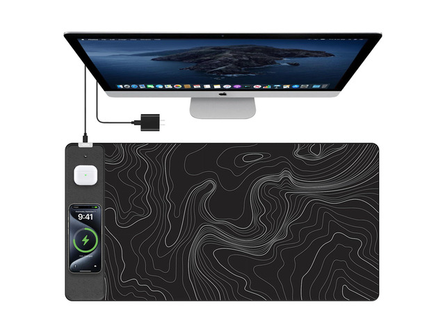 Mouse Pad with Wireless Charging, Large Desk Mat, Black Topographic Map #3 31.5'x15.75' Gaming Waterproof Desk Pad with Smooth Surface, Non-Slip...