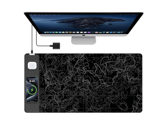 Mouse Pad with Wireless Charging, Large Desk Mat, Black Topographic Map #3 31.5'x15.75' Gaming Waterproof Desk Pad with Smooth Surface, Non-Slip...