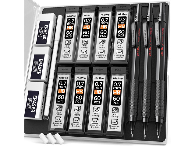 Mechanical Pencils 0.7mm in Case, 3 Pack Metal Pencils Set, Black 480PCS HB Lead Refills, 3 Erasers, 9 Eraser Refills, Anti-slip Grip, Art...