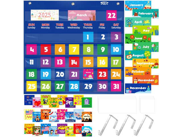 Calendar Pocket Chart, Classroom Monthly Pocket Chart with 76 Cards (68 Illustrated Activity Cards, 8 Dry Erase Blank Cards) plus 3 Over Door Metal...