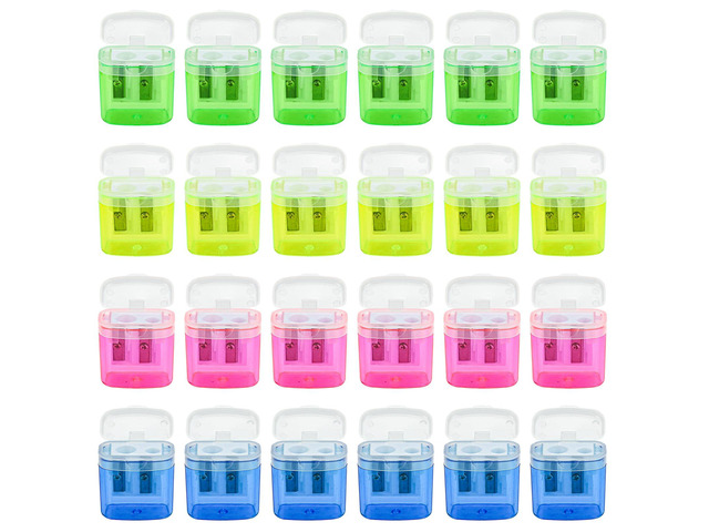24Pcs Pencil Sharpener Manual, Assorted Color Small Dual Hole Pencil Sharpeners Bulk with Lid with Lid for School Office Home (Rectangle-24)