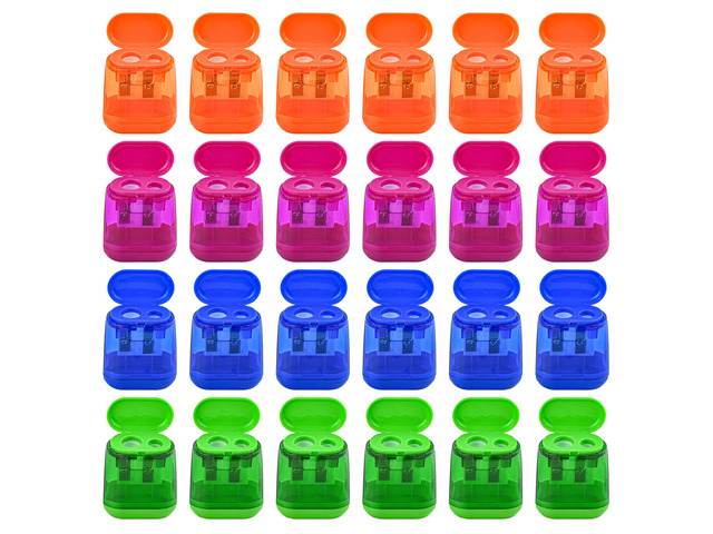 24Pcs Pencil Sharpener Manual, Assorted Color Small Dual Hole Pencil Sharpeners Bulk with Lid for School Office Home (Geometry-24)