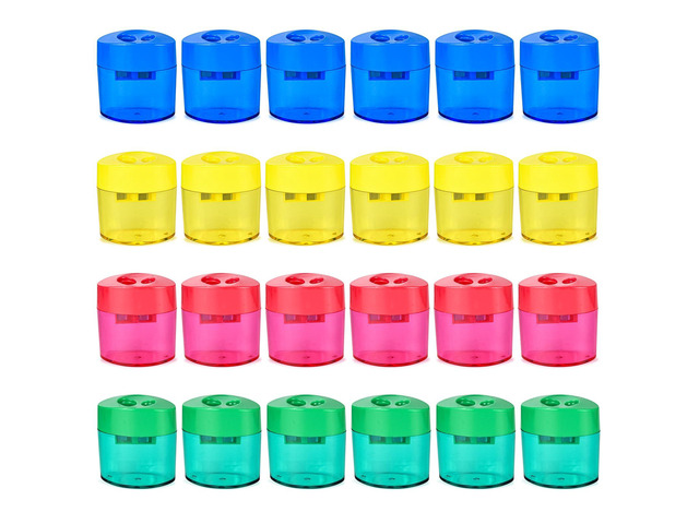 24Pcs Pencil Sharpener Manual, Assorted Color Small Dual Hole Pencil Sharpeners Bulk with Lid for School Office Home (Oval-24)