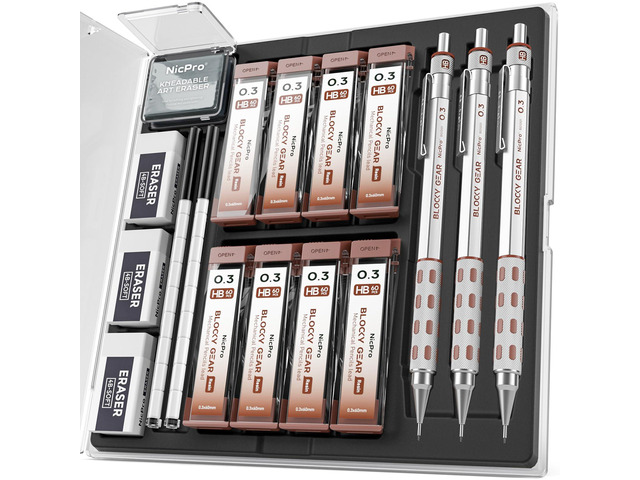3 Pack Blocky Gear 0.3 mm Metal Mechanical Pencils Set with Case Lead Drafting Pencil with 8 Tube (480PCS) Lead Refills, 4 Erasers, 18 Eraser...