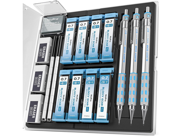 Blocky Gear Mechanical Pencils 0.7 mm with Case, 3 Pack Drafting Pencil with 8 Tube (480PCS) Lead Refills(HB 2B), 4 Erasers, 18 Eraser Refills for...