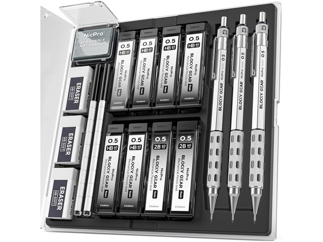 3 Pack Blocky Gear 0.5 mm Metal Mechanical Pencils Set with Case Lead Drafting Pencil with 480PCS Lead Refills(HB 2B), 4 Erasers, 18 Eraser Refills...