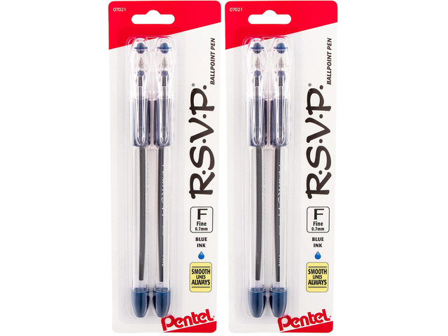 R. S.V. P. Ballpoint Pen, Fine Line, Blue Ink, 4 Pack (BK90BP2C)