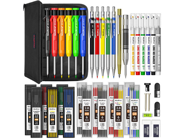 42Pack Carpenter Pencil with Sharpener, Mechanical Carpenter Pencils Set with Deep Hole Long Nib Marker Pen, Carbide Scribe Tool & Construction...