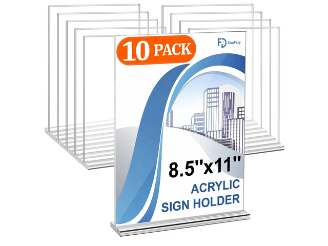 Acrylic Sign Holder 8.5 x 11 Inches 10 Pack, Double-Sided Stand up Table Top Paper Holder, Store Sign Holders, Plastic Sign Display for...