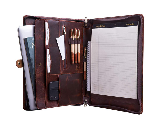 Genuine Leather Business Portfolio Padfolio Folder with Zipper for Men, Men's Leather Padfolio Folder for 13' Laptop, Business Portfolio for Letter...