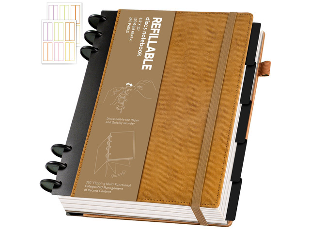 Refillable Notebooks for Work 5 Subject with Removable Dividers Tabs Brown,240 Pages Hardcover Leather Journals for Writing Large Discbound Planner...