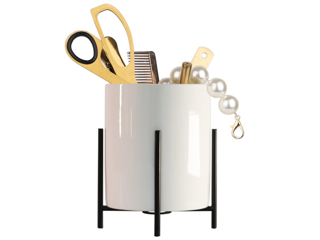 Black Pencil Cup Sturdy Metal Frame with White Ceramic Pen Holder For Desks and Kitchen Appliance holders