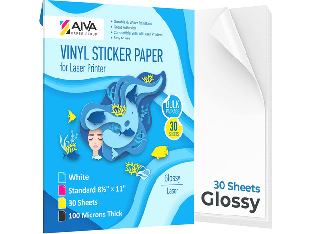 Printable Vinyl Sticker Paper for Laser Printer - Glossy White - 30 Self-Adhesive Sheets - Waterproof Decal Paper - Standard Letter Size 8.5'x11'