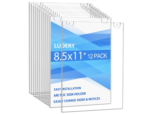 Acrylic Sign Holder 8.5 x 11 Vertical, Wall Mount Document Holder, Clear Plastic Picture Frame with Tape Adhesive and Screws for Office, Home,...