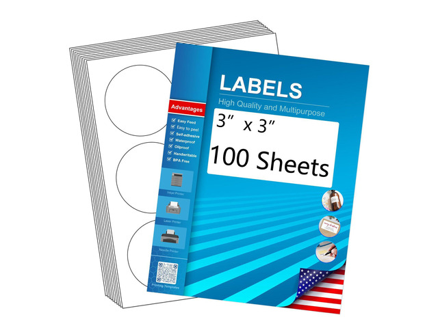 3' Round Blank Printable Labels, Adhesive Circles for Inkjet Printing 6 Per Sheet, Matte White (Pack of 100), HB-C006