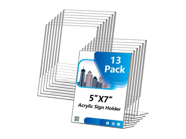 Acrylic Sign Holder 5x7 Inches, 13 Pack Clear Plastic Table Flyer Display Stand, L-Shape Vertical Menu Paper Holder Stand, Clear Picture Photo...