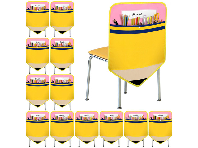 12 Pack Pencil Chair Pockets for Classrooms 17x18 Inch Seat Sacks with 12 Name Slots Chair Back Buddy Student Back of Chair Organizer for K-2 Back...