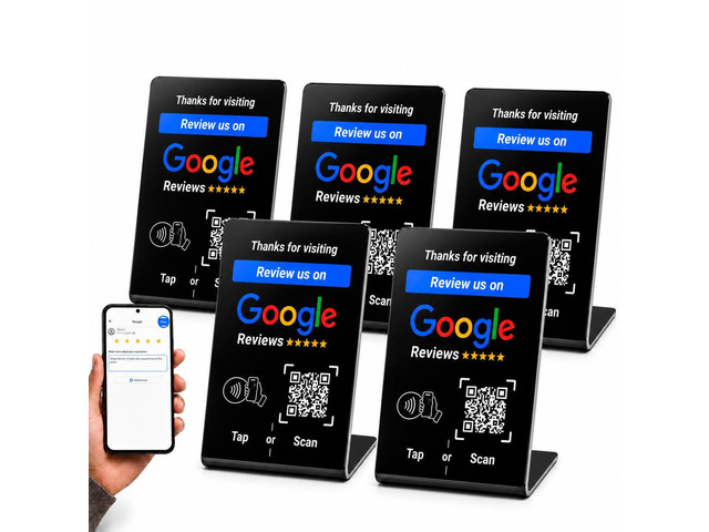 NFC Tap Google Review Stand, Black, Compact 4.3'x2.7', 5-Stands Boost Customer Feedback, Tap & Scan QR, No App, No Subscription, Works on iPhone &...