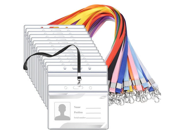 30 Pack Id Badge Lanyards with Clear Holders, Multicolor 10 Colors, Polyester Lanyards, Waterproof Horizontal Holders, 17.7 In Strap, Fits School,...