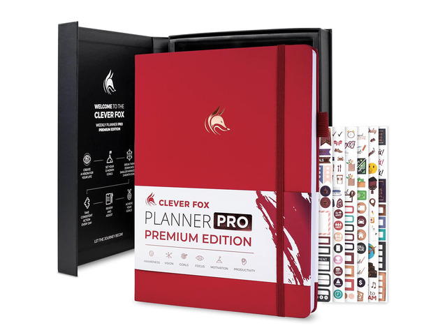 Planner PRO Premium, Undated Weekly, Daily, Budget, Red 8.5x11' Not dated, Eco leather hardcover, box, stickers, Detailed vision & goal setter,...