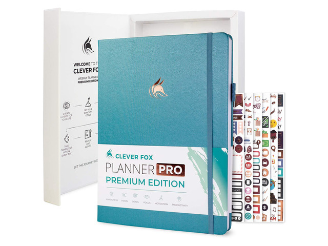 Planner PRO Premium, Undated Weekly, Daily, Budget, Aquamarine 8.5x11' Not dated, Eco leather hardcover, box, stickers, Detailed vision & goal...