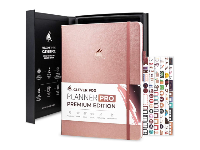 Planner PRO Premium, Undated Weekly, Daily, Budget, Rose Gold 8.5x11' Not dated, Eco leather hardcover, box, stickers, Detailed vision & goal...