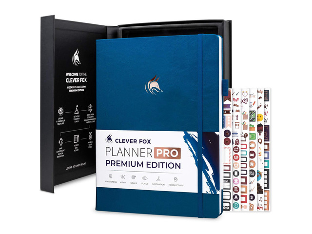 Planner PRO Premium, Undated Weekly, Daily, Budget, Mystic Blue 8.5x11' Not dated, Eco leather hardcover, box, stickers, Detailed vision & goal...