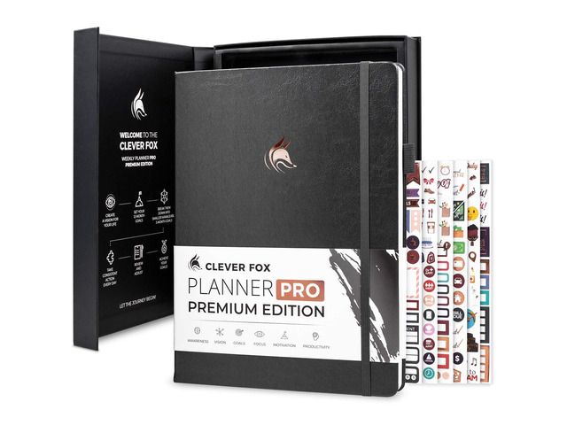 Planner PRO Premium, Undated Weekly, Daily, Budget, Silver Black 8.5x11' Not dated, Eco leather hardcover, box, stickers, Detailed vision & goal...
