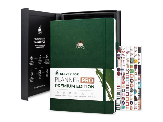 Planner PRO Premium, Undated Weekly, Daily, Budget, Forest Green 8.5x11' Not dated, Eco leather hardcover, box, stickers, Detailed vision & goal...