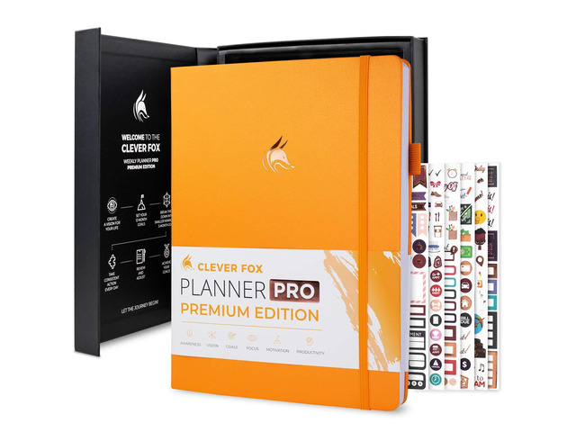 Planner PRO Premium, Undated Weekly, Daily, Budget, Amber Yellow 8.5x11' Not dated, Eco leather hardcover, box, stickers, Detailed vision & goal...