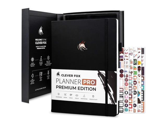 Planner PRO Premium, Undated Weekly, Daily, Budget, Black 8.5x11' Not dated, Eco leather hardcover, box, stickers, Detailed vision & goal setter,...